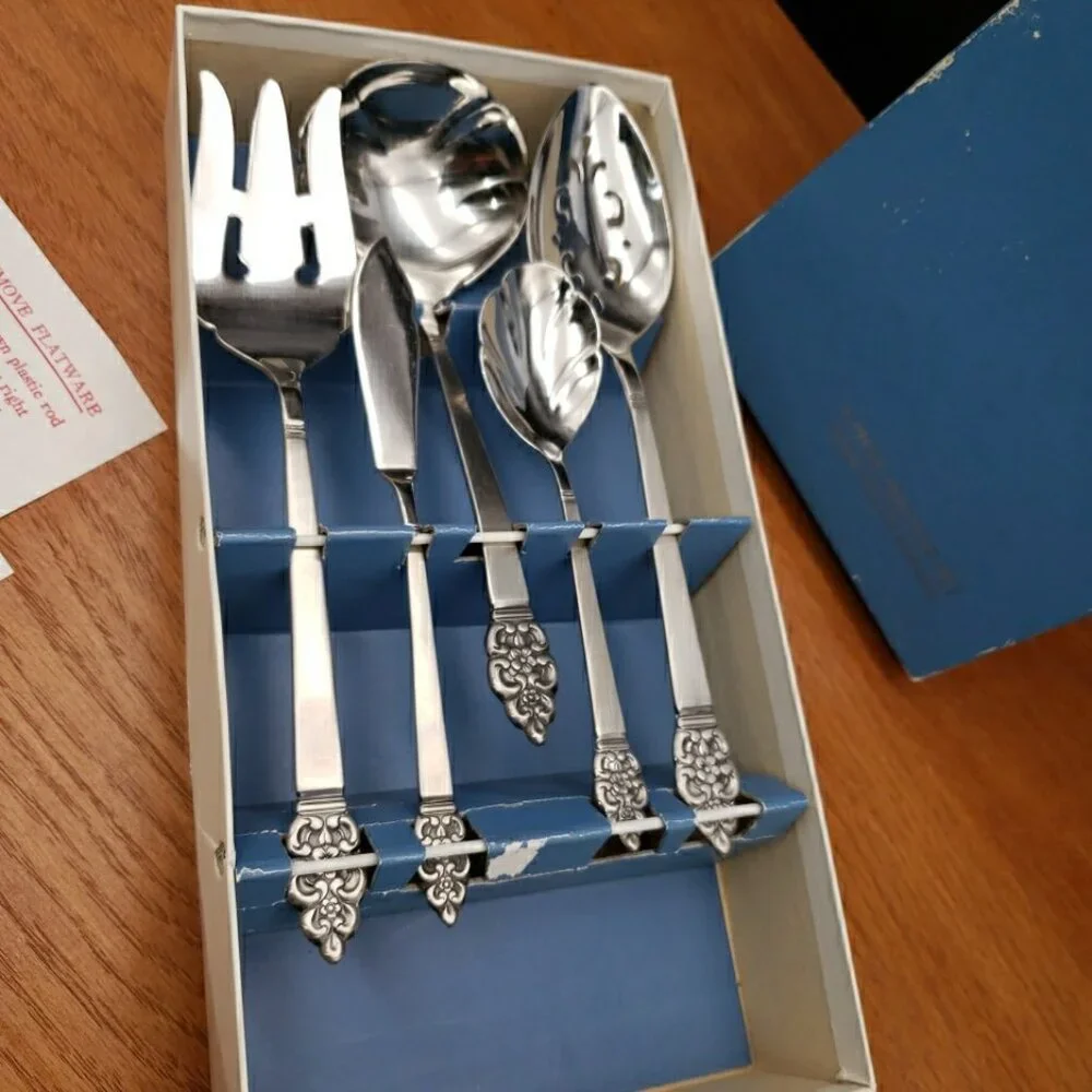 Oneidacraft Deluxe Stainless Nordic Crown 5 Pc Hostess Serving Set w/ Box Vtg